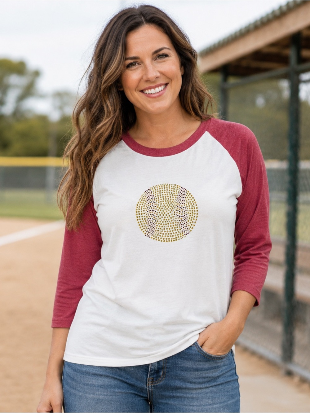 Rhinestone Softball Raglan Shirt Women’s Medium